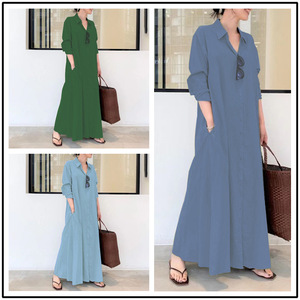 Robe chemise longue décontractée en lin et coton uni à col revers, manches longues et poches latérales pour femme - Product Image 6