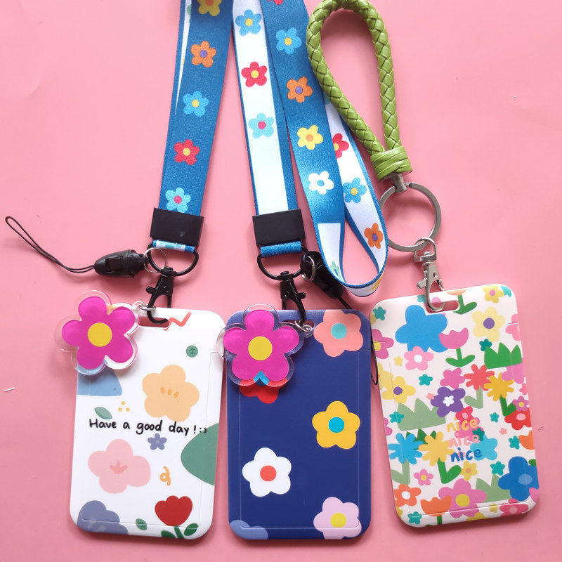 Fashion Flowers High Quality ABS Plastic Badge ID Card Case Holder Student Name Tag Cards Cover With Lanyards Wholesale Custom