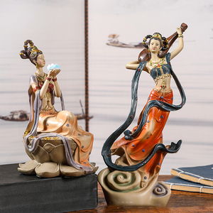 Statue d'Apsara volante de Dunhuang en résine en gros, sculpture d'art bouddhiste chinoise peinte à la main, OEM personnalisé, décoration d'hôtel et de maison - Product Image 3