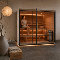 Cabine de sauna intérieure moderne en bois avec porte vitrée, chauffage, banc en bois, pour appartement, spa, bien-être et relaxation