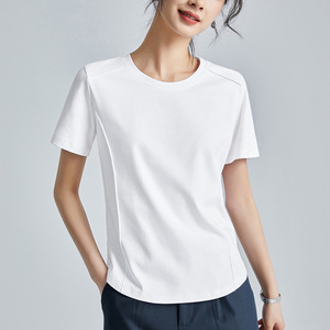 Women's Pink Short Sleeve T-Shirt Solid Color Round Neck Mercerized Cotton Summer <b>Base</b> <b>Layer</b> Top - Product Image 2