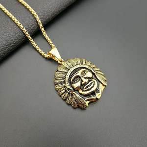 Vintage Indian Tride Chief Indians anziani collana con ciondolo in acciaio inossidabile placcato oro 18 carati per uomo - Product Image 5