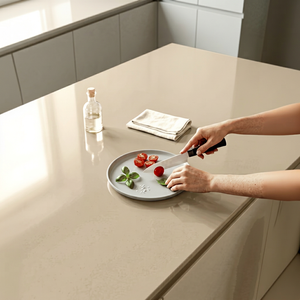 Comptoir de cuisine en pierre artificielle couleur crème, surface pleine masse, bord arrondi, finition brillante, pour hôtel - Product Image 1