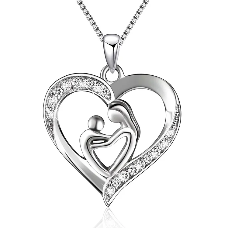 Factory Price Women's Charming Jewelry Real 925 Sterling Silver Mother and Child Heart Pendant Necklace