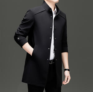 Chaqueta cortavientos para hombre de mediana edad, nueva colección primavera-otoño 2025, estilo informal y de negocios, larga, con cuello de un solo botón, color liso, corte holgado. - Product Image 1