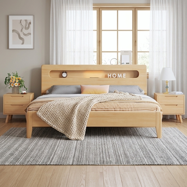 Modern Double Bed Full Queen Solid Wood Soft Bed Platform Frame Multi-Functional Storage Eco-Friendly Space Saving Bedroom