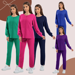 HZMNOI Women's <b>Scrub</b> Suit Two Piece Set Long Sleeve Round Neck Knitted Moisture Wicking Hospital Uniforms - Product Image 1