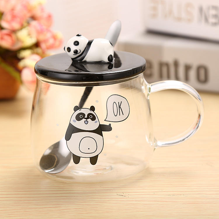 2025 New Design Glass Water Bottles Panda Water Cups Glass Milk Bottles with Lids Juice Glass Mugs with Spoons