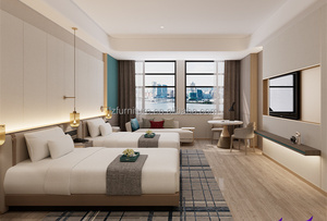 Budget Hotel Supplier Custom 3 Star Hotel Twin Bedroom Furniture Set 2 <b>Single</b> Wood <b>Base</b> <b>Beds</b> Frame with Headboard & Nightstand - Product Image 5