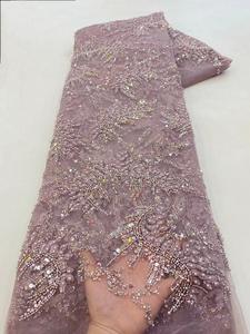 ผ้าลูกไม้ปักเลื่อมลายทางสีขาวสำหรับงานแต่งงาน ผ้าลูกไม้ปักเลื่อมหรูหรา - Product Image 4