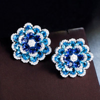 Prachtige 3d Design Blauwe Kubieke Zirkoon Bloem Stud Oorbel Voor Vrouwen Prachtige Cz Bruiloftsfeest Prom Luxe Sieraden Valentijn Cadeau