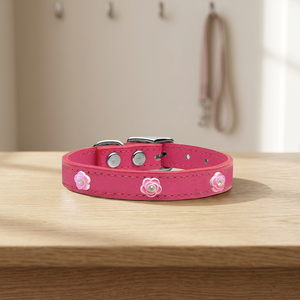 Collier de chien en cuir véritable, fait à la main, de haute qualité, rembourré, avec motif floral, original - Product Image 3