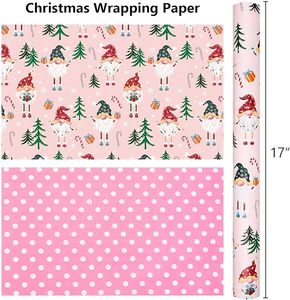 Papel de regalo de Navidad de doble cara rosa con diseño de gnomos de patas largas, bastones navideños y caramelos, en papel estampado. - Product Image 5