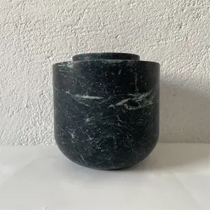 Premium Hand Carved Verdi Alpi Marble Stone Cylindrical Table Vase Solid Green Marble Flora Decorative Vase Honed Surface