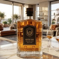 Bouteille de liqueur en verre transparent épais de 750 ml, carrée, gaufrée, avec bouchon en bois pour whisky/cognac/spiritueux - Personnalisable