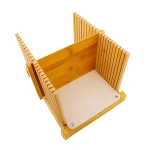 Hot wholesale quality adjustable bamboo bread slicer with knife and breadcrumb catching tray