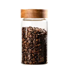 コーヒーティー卸売シンプルバルク製品コーヒー豆シリアルティー空のスパイスジャーガラスアカシア材の蓋で密封