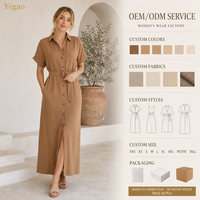 Kemeja Yegao untuk Wanita, Gaun Maxi Warna Cokelat Karamel, Kancing Depan, Slit Samping, Gaun Panjang Wanita, Grosir, Custom Made to Order
