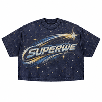 Pakaian Streetwear Custom Cetak DTG Grafis Universe 100% Katun Vintage Acid Washed Boxy Cropped Kaos Berhias Rhinestone