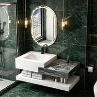 Meuble-lavabo mural de luxe moderne à double niveaux décalés en marbre et ardoise avec vasque en céramique et miroir LED – Ensemble de salle de bain