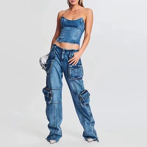 Think 2025 Jeans da donna <span class=keywords><strong>pantaloni</strong></span> in Denim da donna con tasca grande Patchwork a vita alta da donna Jeans <span class=keywords><strong>Cargo</strong></span> da donna in Denim lavato Y2k - Product Image 3