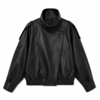 Blouson Moto Femme Noir en Similicuir Personnalisé, Col Montant Asymétrique Zippé, Col à Boutons Pression, Manteau de Motard, Vente en Gros OEM ODM