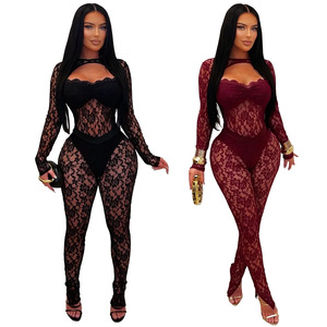 Tuta Intera Sexy ed <span class=keywords><strong>Elegante</strong></span> da Donna in Pizzo Trasparente, Stile Europeo Americano, Aderente con Dettagli Cut-out - Product Image 1