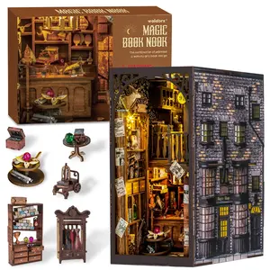 Christmas Gift Handmade 3D Wooden Puzzle Magical Bookshelf Educational Toy DIY Book Nook Kit With LED Light Miniature House