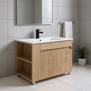 Meuble-lavabo de salle de bain 30 pouces en bois avec vasque en céramique blanche, étagère ouverte réglable, design moderne minimaliste, fixation murale - Product Image 2