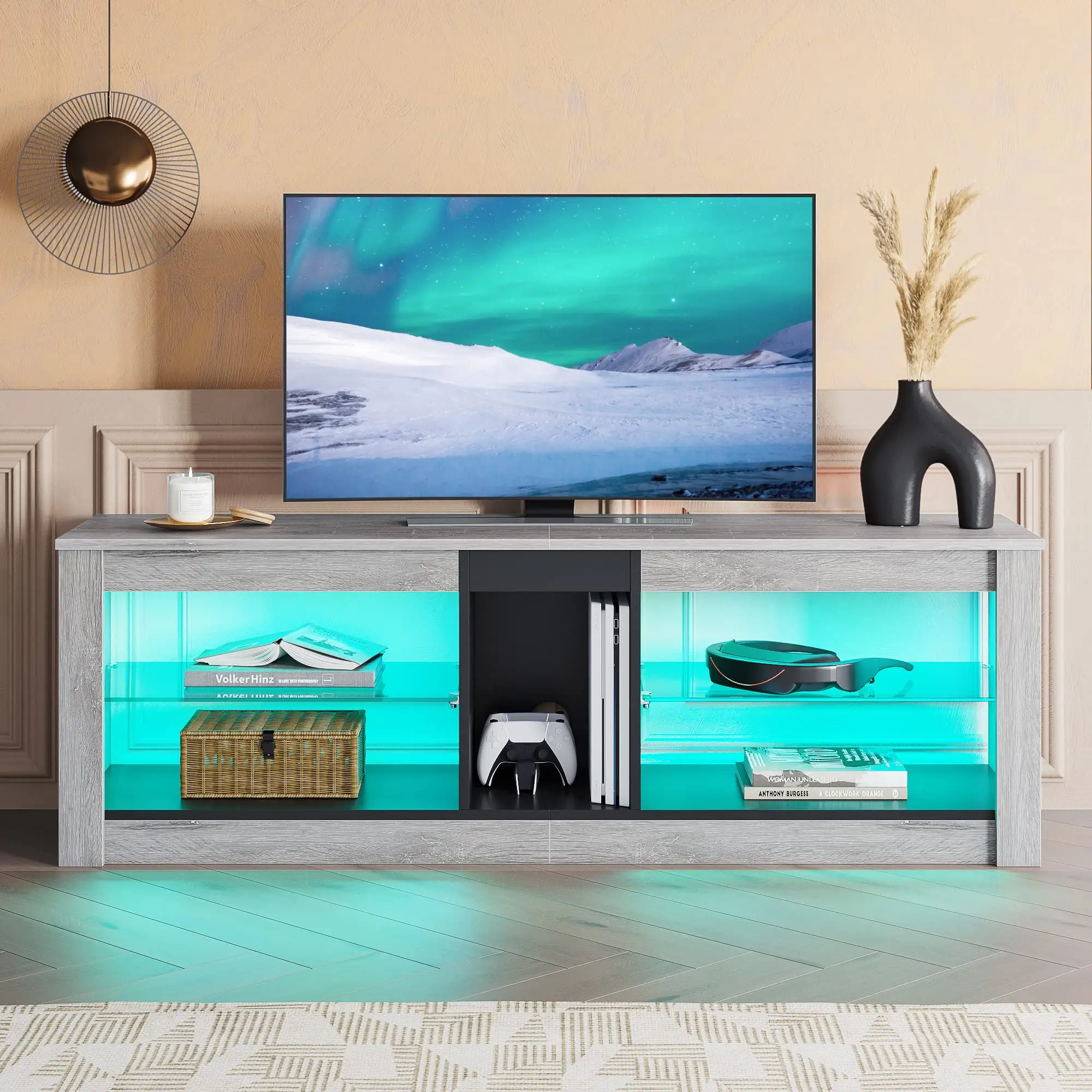 आधुनिक टेम्पर्ड ग्लास लक्जरी टीवी स्टैंड कैबिनेट लकड़ी टीवी इकाई का नेतृत्व किया एलईडी प्रकाश फर्नीचर डिजाइन कमरे में रहने वाले फर्नीचर के साथ खड़ा है