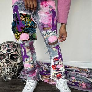 Jeans de Mezclilla para Hombre, Corte Recto, Estilo Vintage, con Botones de Cristal Decorativos, Lavado Oscuro, Estampado, para Otoño, Invierno y Verano - Product Image 2