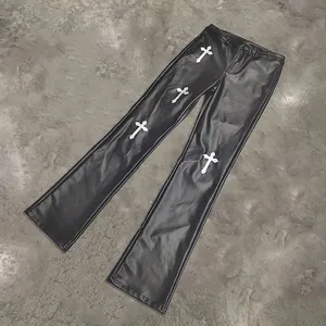 OEM Custom Logo Street Hip Hop Pants Slim Fit High Quality Patch Embroidery Leather Pants For Man