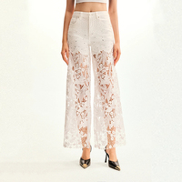 Pantalon large en dentelle et strass pour femme, taille haute, coupe évasée, pour l'été