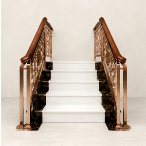 Luxury Rose Gold Stair Railing with Ornate Floral Design Wooden <b>Handrail</b> and Marble <b>Steps</b> for Modern Home Interior - Product Image 3
