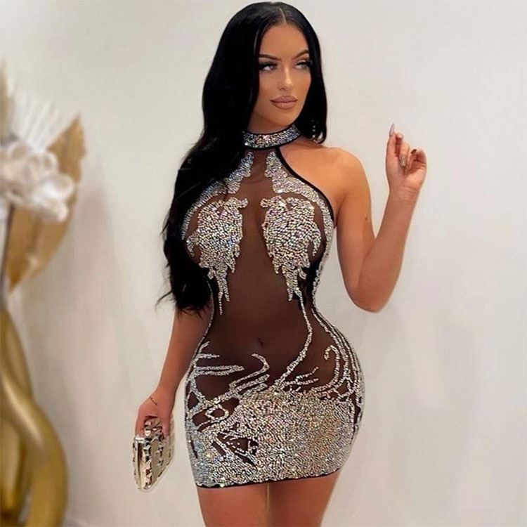 Sexy Transparent Mesh Rhinestone DressParty Nightclub Women Mini Bodycon  Dress Nude Black| Alibaba.com