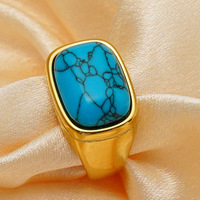 Nouvelle bague élégante et minimaliste en acier inoxydable avec une pierre turquoise de style vintage distinctif