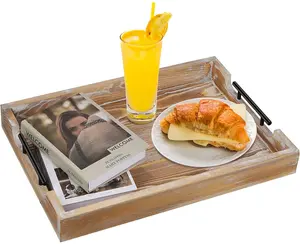 bandeja retângulo do vintage Suppliers-Bandeja com alça para servir, bandeja de madeira rústica com alça para servir café da manhã, bandeja de madeira retangular para servir cozinha