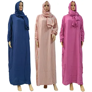 NEW Model Ramadan Prayer Muslim Cotton Abaya Solid Color Women Dubai Turkey Middle East Ladies Hijab Scarf Robe Dress Caftan