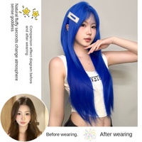 Wig Sintetis Lurus Panjang Biru Cerah dengan Poni Udara Tahan Panas untuk Pesta Sehari-hari Wig Penutup Kepala Penuh