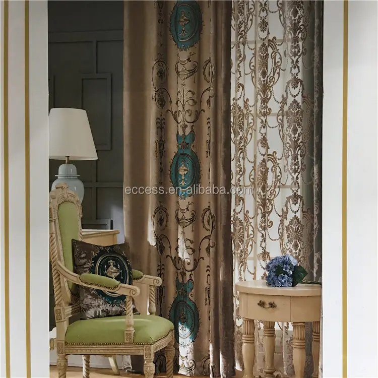 Motif européen classique de luxe en velours brûlé et tissu floqué pour la décoration de rideaux