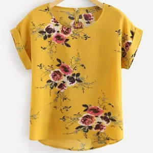 Moda verão Floral Imprimir Blusa Pullover Senhoras O Pescoço Tee Tops Camisa de Manga Curta das Mulheres Femininas
