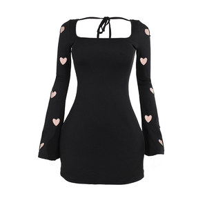 Vendita calda Sexy abito corto a vita scollato elegante a manica lunga Vestidos in maglia Patchwork <span class=keywords><strong>Mini</strong></span> <span class=keywords><strong>abiti</strong></span> da donna - Product Image 5