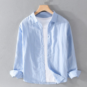 Camicie Estive da Uomo in Cotone a Maniche Lunghe, Casual, Tinta Unita, con Colletto e Bottoni, Abbigliamento Casual Maschile - Product Image 2
