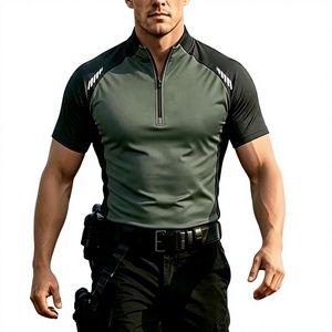 T-shirt de travail athlétique à manches courtes pour homme, col quart-zip, coupe ajustée, séchage rapide, tissu tricoté en Spandex/Polyester, couleur unie - Product Image 1