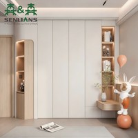 Armoire contemporaine sur mesure avec portes à panneaux bicolores, meuble-lavabo mural et éclairage LED