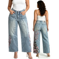 Jean unisexe ample en denim brodé floral, style Y2K, coupe longue, motif botanique, tissu épais