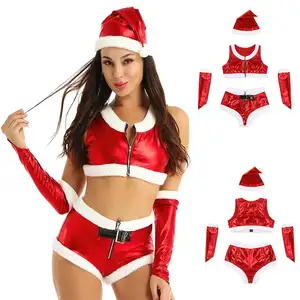 Women Christmas Lingerie Outfit Fancy Dress Santa Sexy Costume Shiny Metallic Top and Shorts Hat Gloves Christmas Set