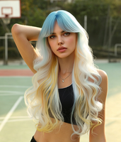 Wig sintetis gelombang alami warna biru putih kuning ombre 30 inci, tahan panas, serat fiber, untuk acara sepak bola & zona penggemar