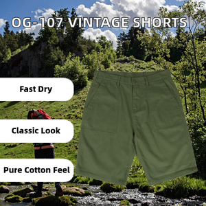 กางเกงขาสั้น OG-107 รุ่นสงครามเวียดนาม สีเขียวมะกอกล้วน ผ้าฝ้ายแท้ 100% ระบายอากาศได้ดี ทรงวินเทจ เอวกลาง ความยาวระดับเข่า บริการ OEM - Product Image 2