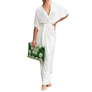 Women's <b>White</b> Two-<b>Piece</b> <b>Set</b> V-Neck Short Sleeve Top With Belt Long Straight Pants Loose Casual Spring Summer Solid Color - Product Image 1